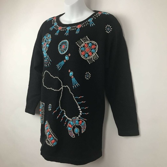 Vtg Studio Collection Sweater Black Jewel Turqoise - Picture 4 of 8